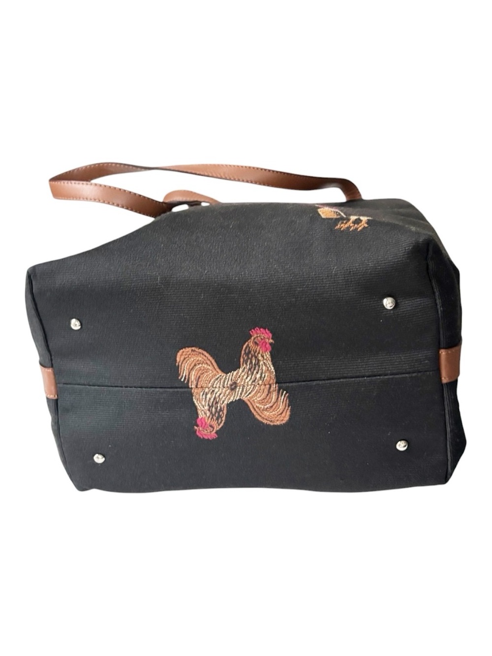 Talbots vintage black woven embroidered roster shoulder tote bag with brown trim - Picture 7 of 15